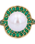 14K EFFY YG Pearl & Emerald Halo Ring